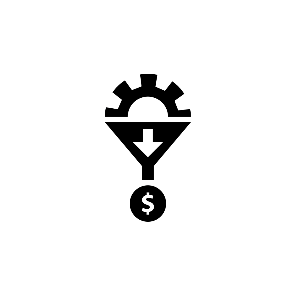 Comic of a gear turning into a funnel leading to a dollar sign